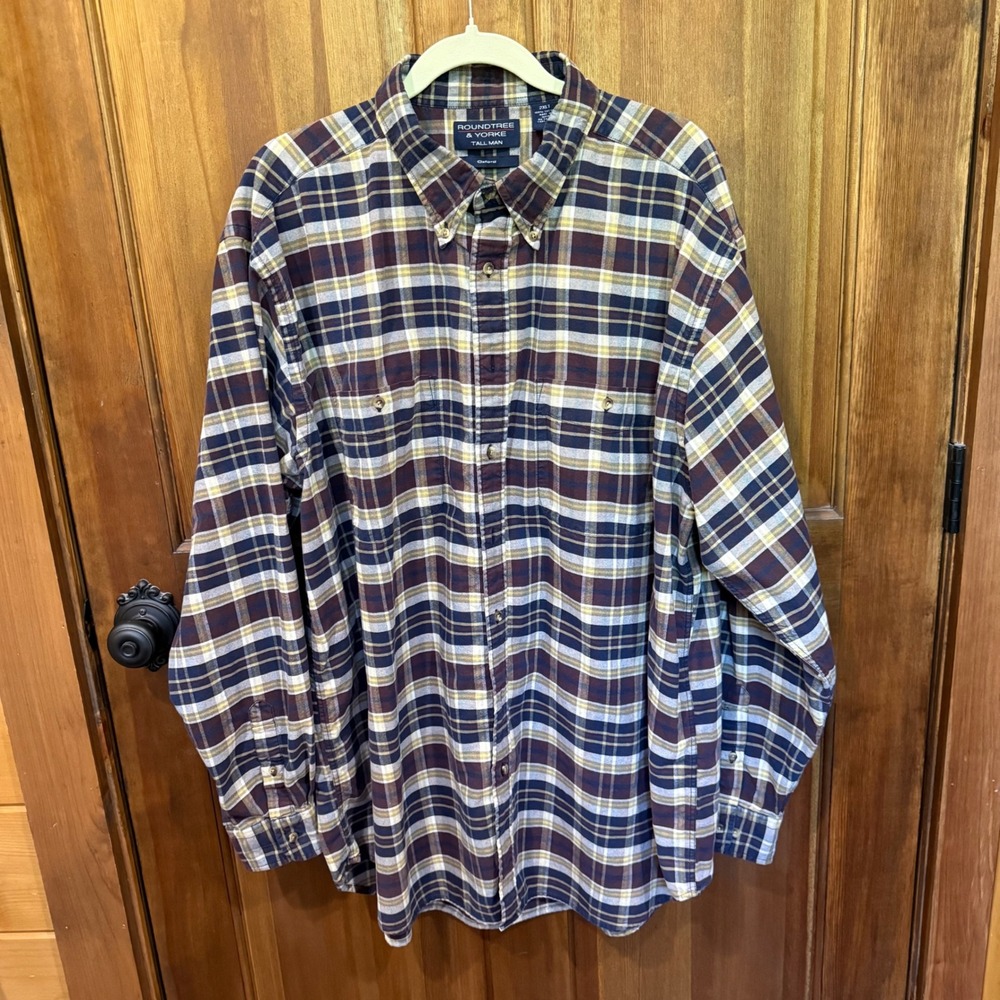 Roundtree & Yorke Tall Man Navy Burgundy Plaid Oxford Button Down Shirt 2XLT